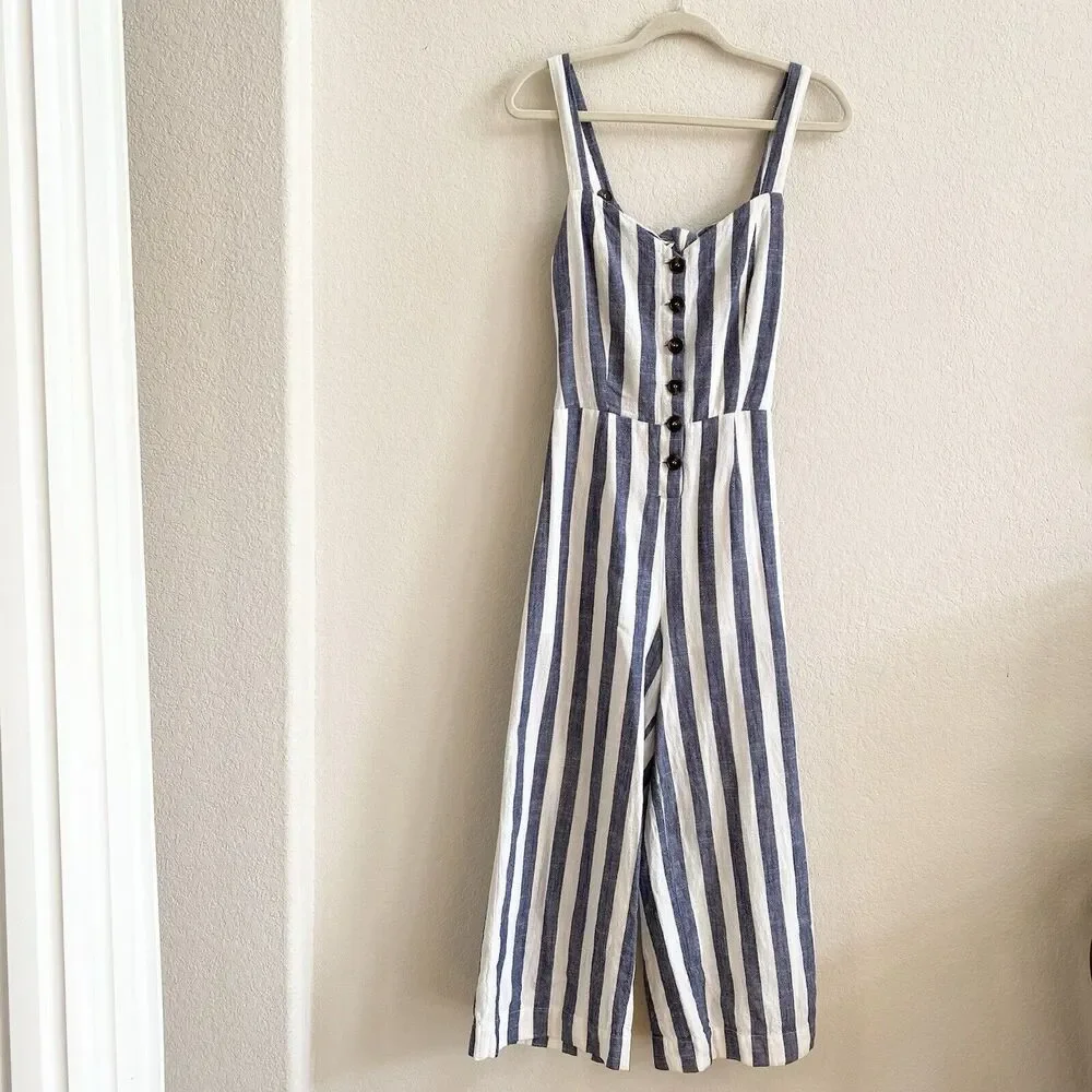 J.O.A. Revolve Womens Blue‎ and White Stripe Linen Cotton Jumpsuit Small